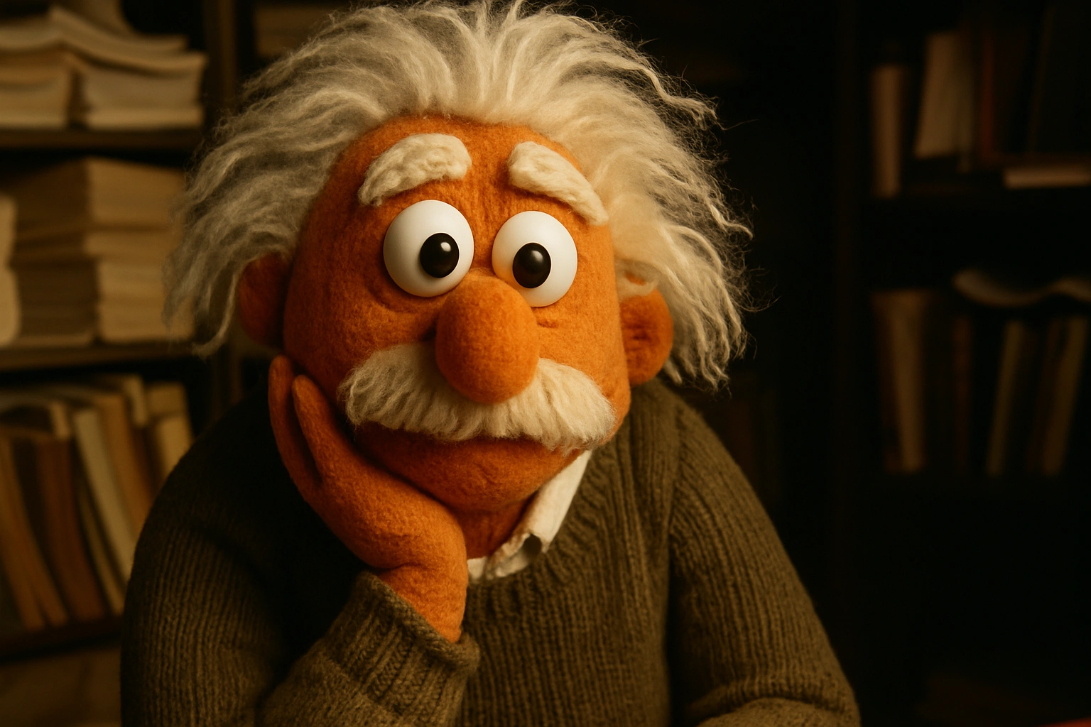 
    Redo this image in the Muppet realistic style, 3D photo-realistic puppet look, visible stitchin