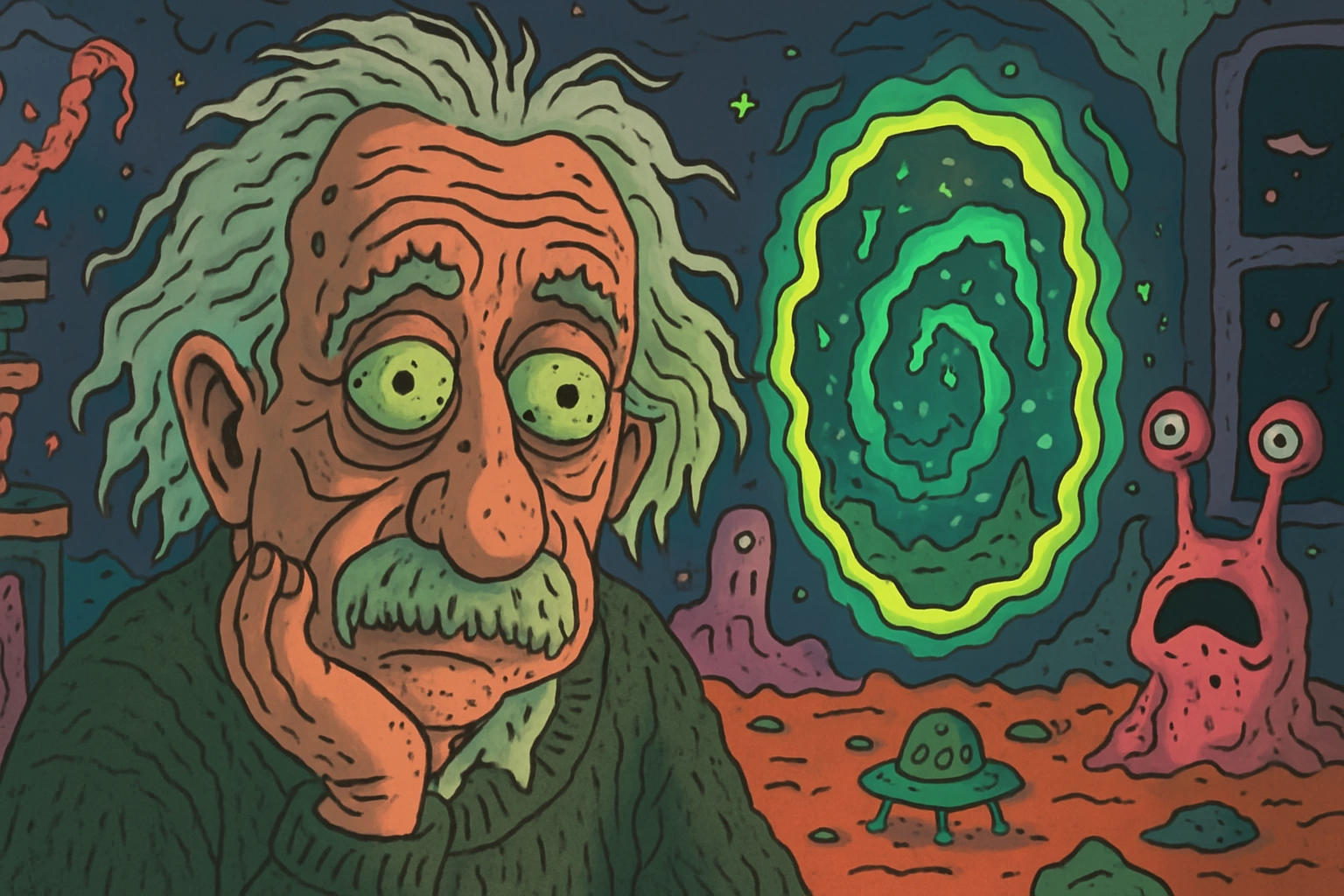 Redo this image in a surreal sci-fi cartoon style, flat 2D with wobbly outlines, exaggerated facial 