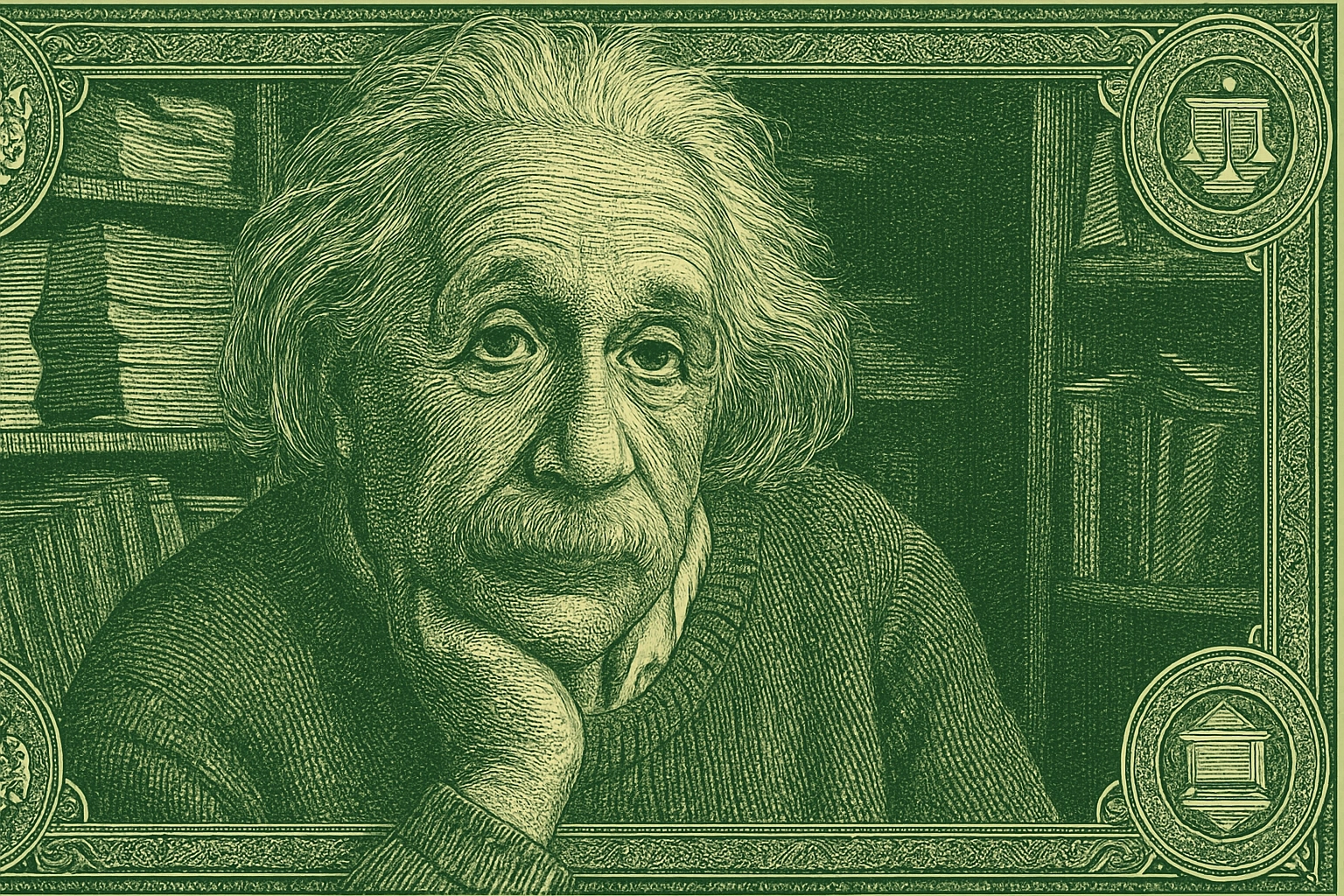 
    Redo this image in the style of a vintage dollar bill,
    intricate engraved linework,
    mon