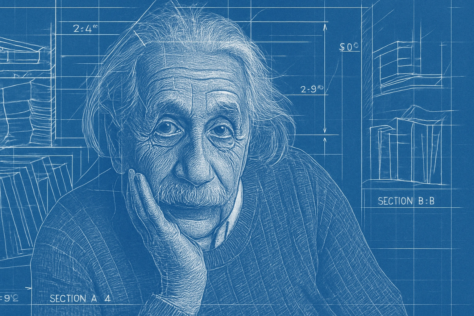
    Redo this image in the Architectural blueprint style, white line drawings on blue background,
 