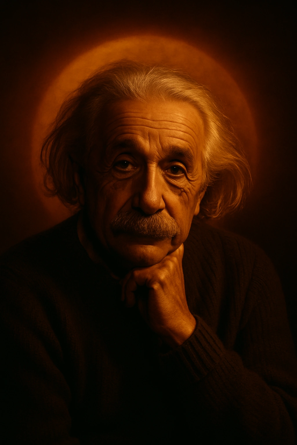 
      Redo this image as a moody studio portrait, bathed in golden-orange spotlight that creates a 