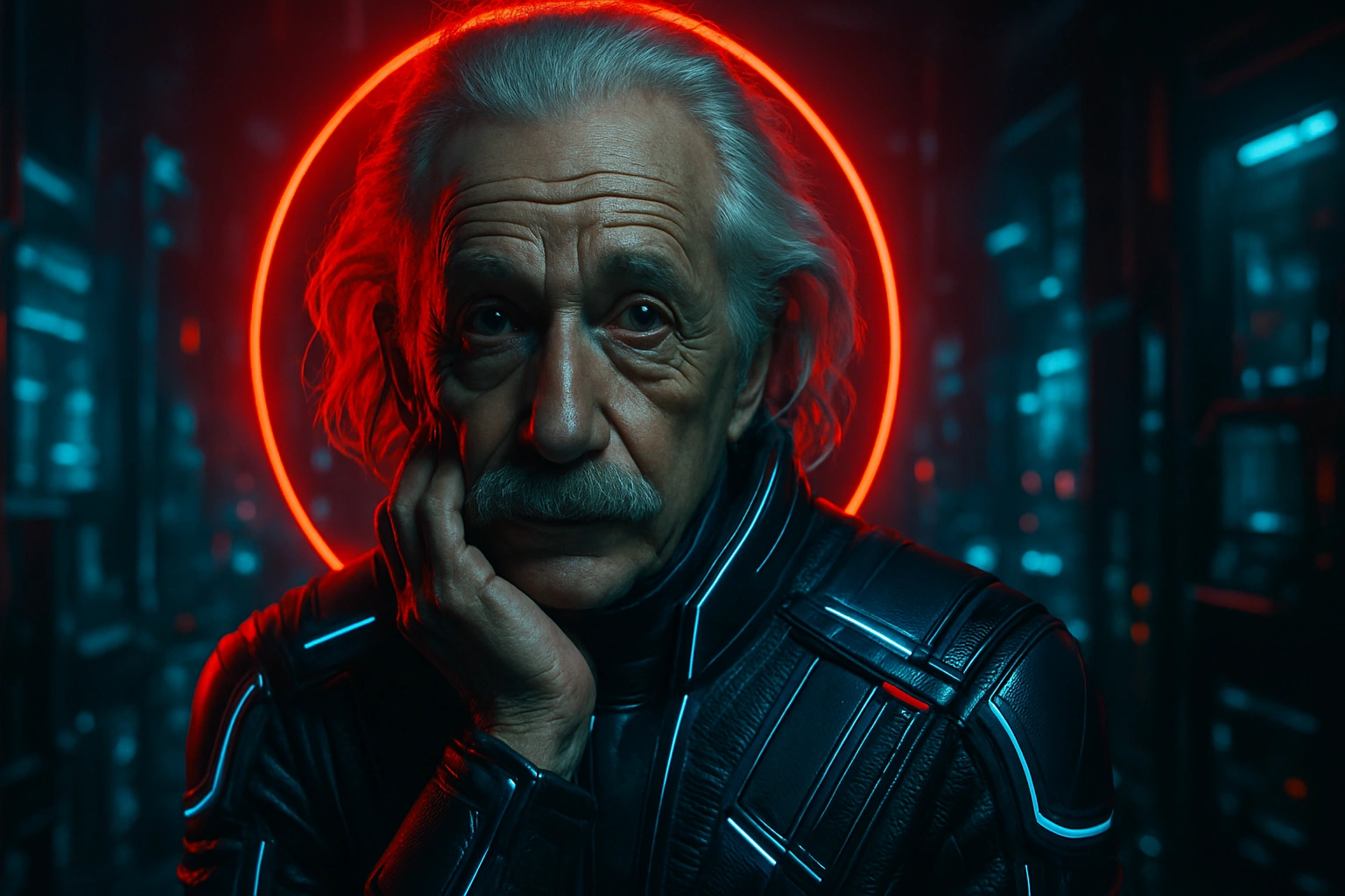 
      Redo this image as a hyper-realistic, cinematic cyberpunk portrait with styled features and s