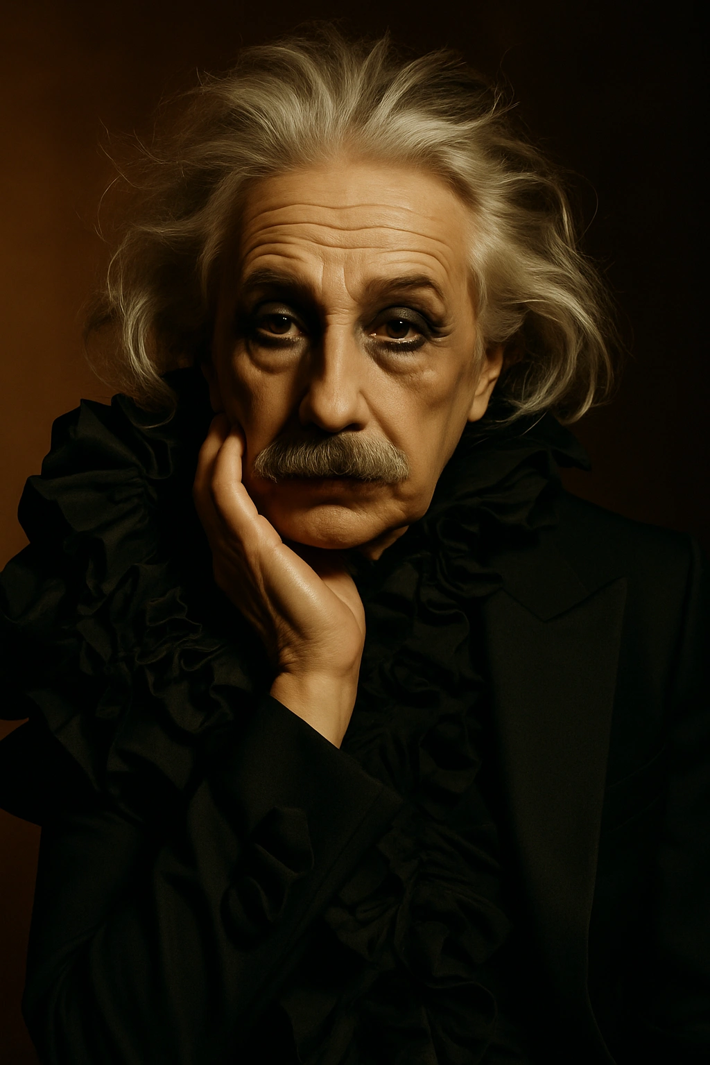 
      Redo this image as a high fashion editorial portrait with avant-garde styling and dramatic li