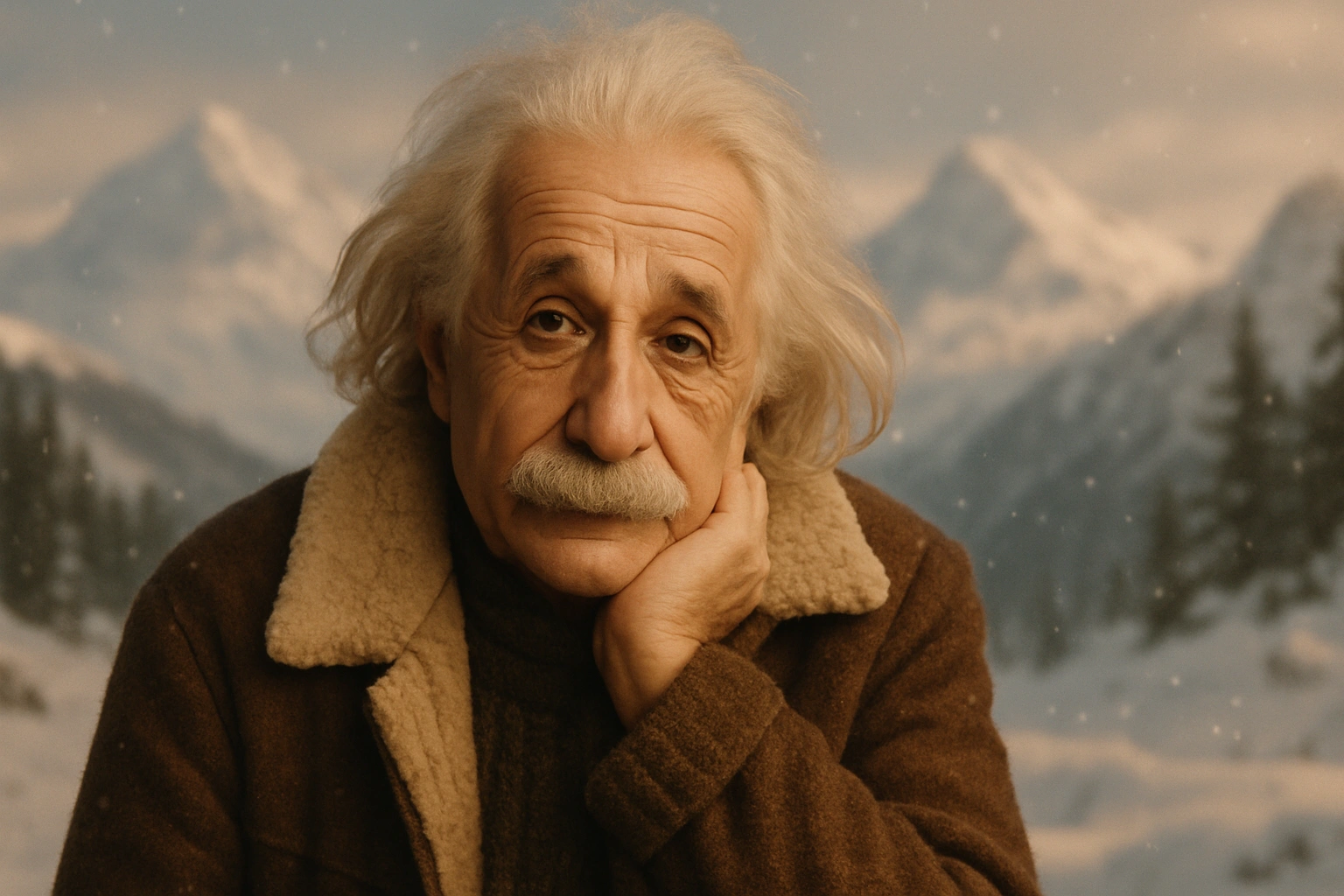 
      Redo this image as a romantic winter portrait set against a serene snowy mountain landscape b