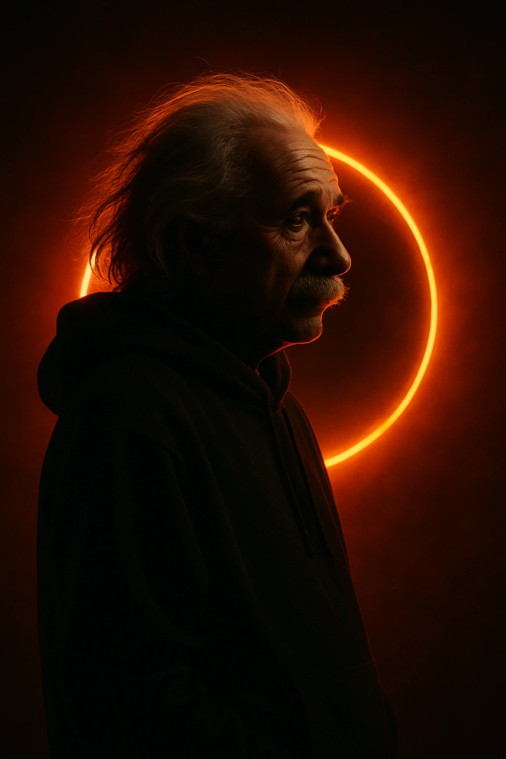 
      Redo this image as a cinematic side-profile portrait of the subject standing in front of a gl