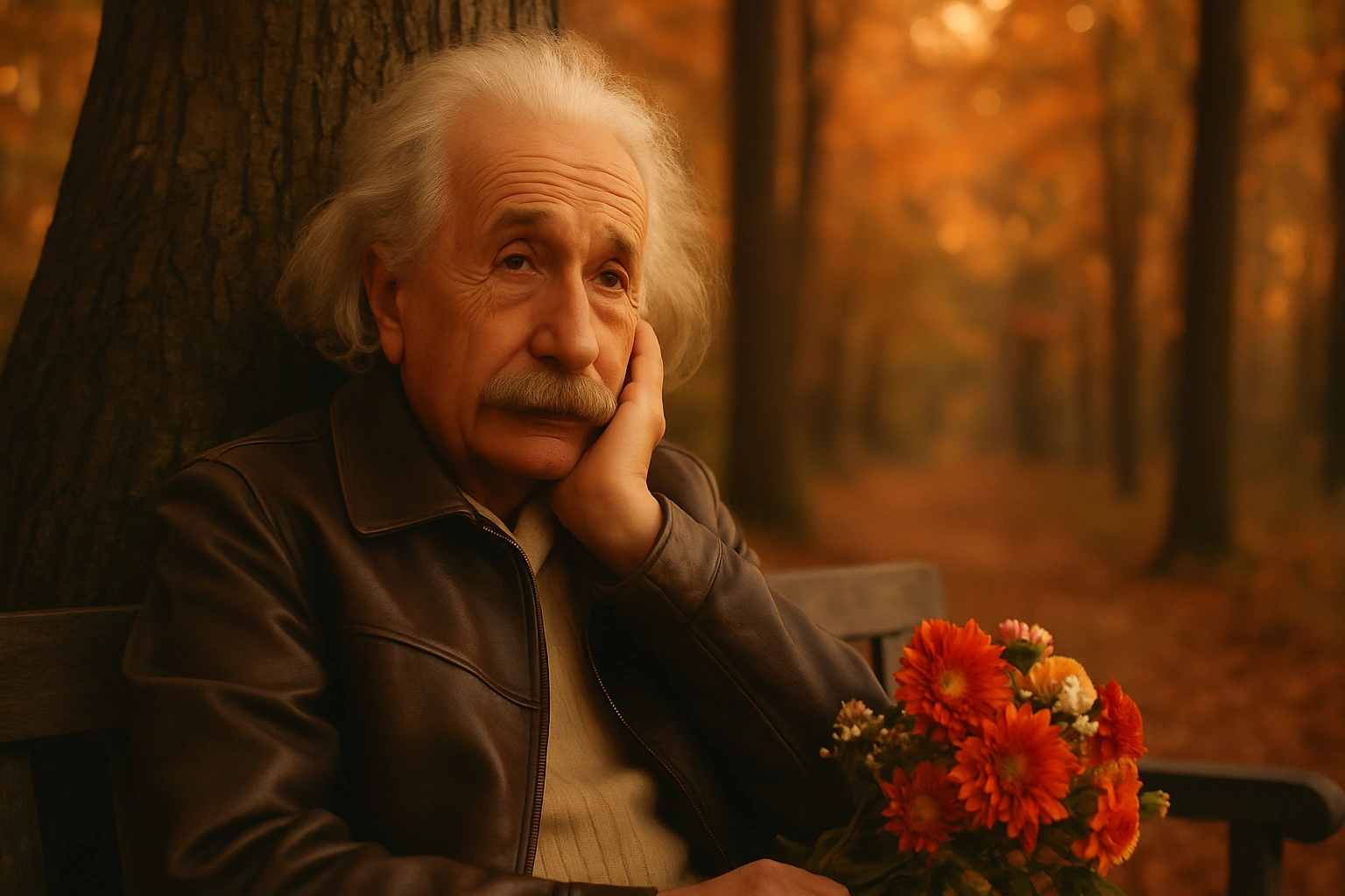 
      Redo this image as a cinematic, romantic portrait of the subject sitting on a wooden bench, l