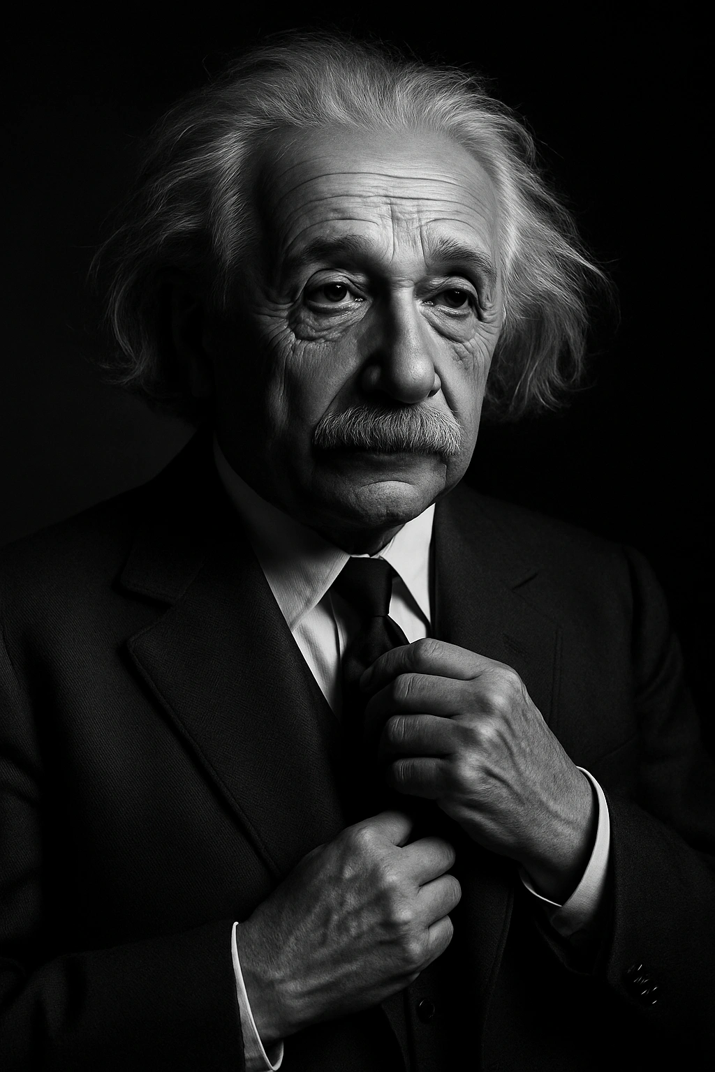 
      Redo this image as a cinematic black and white portrait of the subject adjusting their tie wh