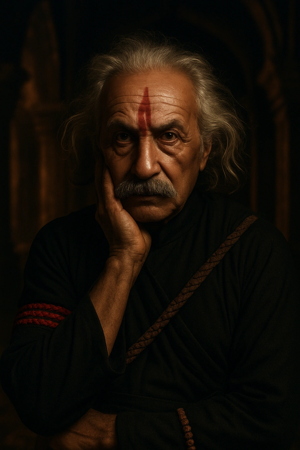 
      Redo this image as a devotional warrior portrait with the subject wearing traditional black a