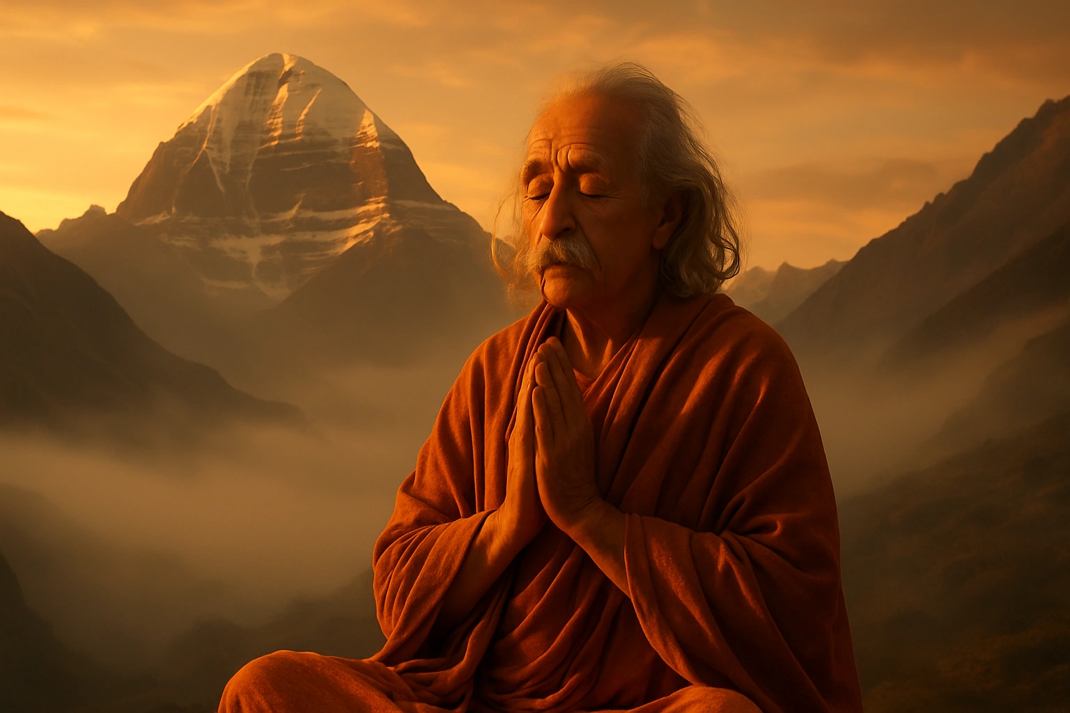 
      Redo this image as a cinematic spiritual landscape showing the subject in religious meditatio