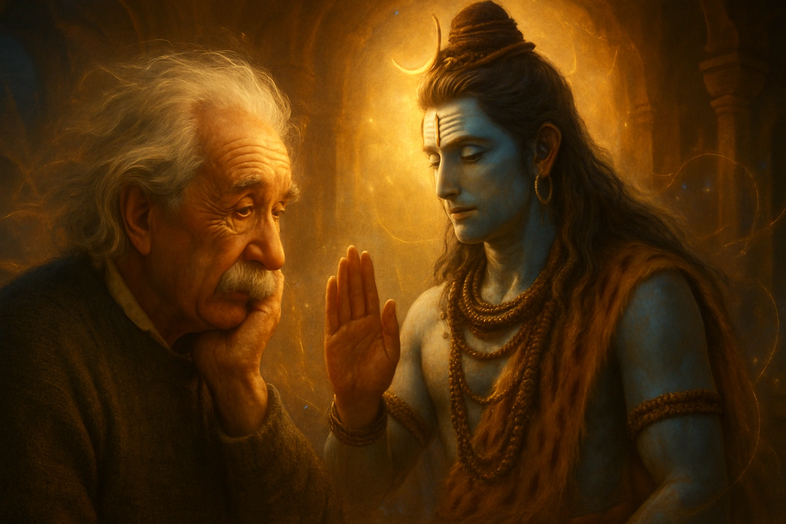 
      Redo this image as an emotional spiritual encounter showing the subject and Lord Shiva in a d